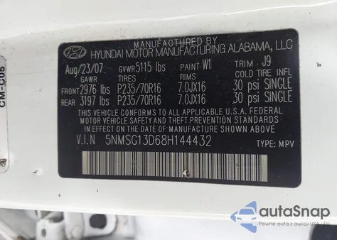 2008 Hyundai Santa Fe Gls z USA, uszkodzony, nr VIN 5NMSG13D68H144432